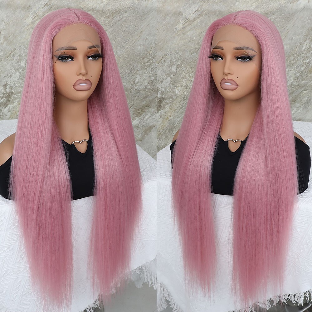 Pink Lace Front Wig 32 Inch Long Straight Hair Synthetic Heat Resistant Glueless