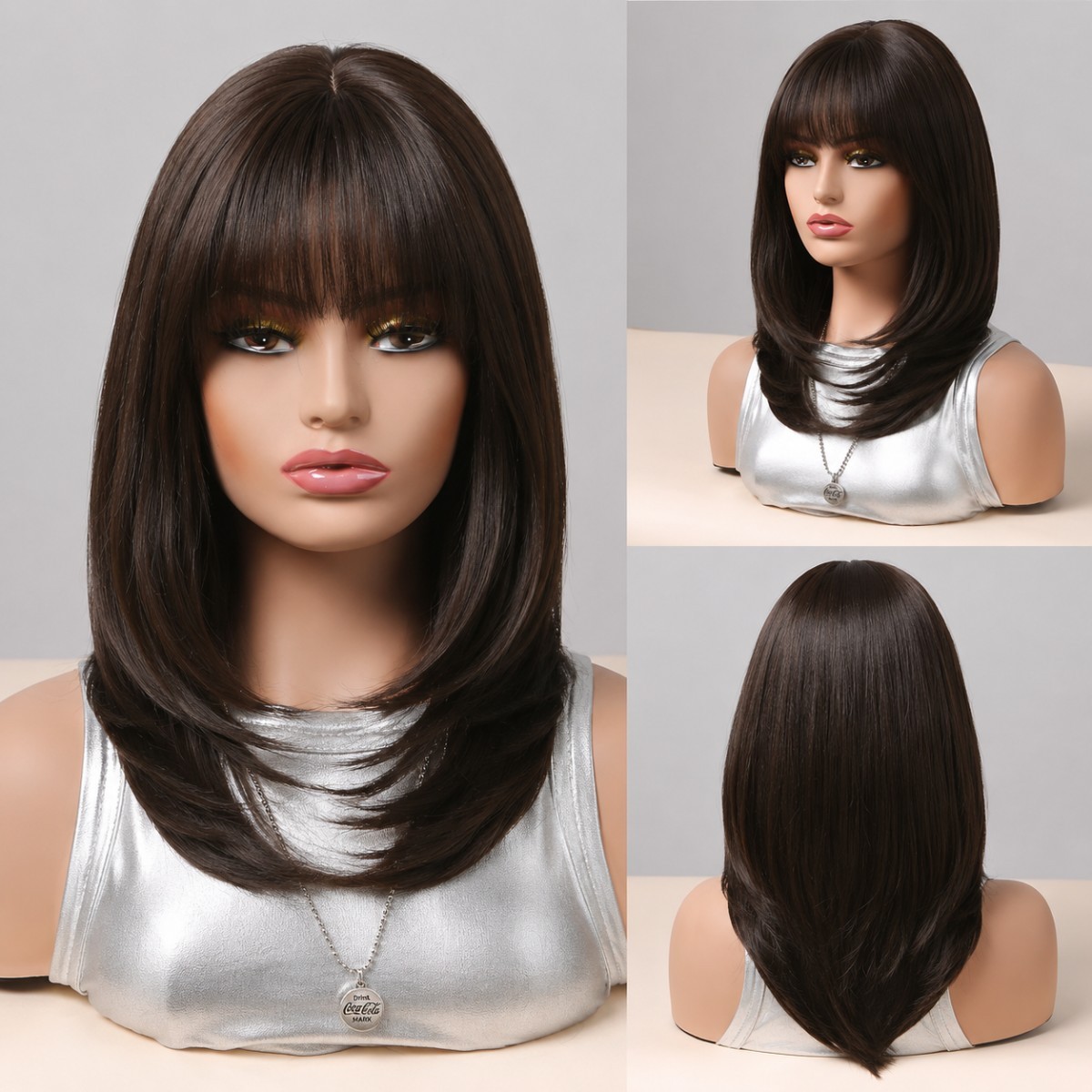 Heat Resistant Hair Bob Straight Costume Wigs With Bangs Women Choc Brown