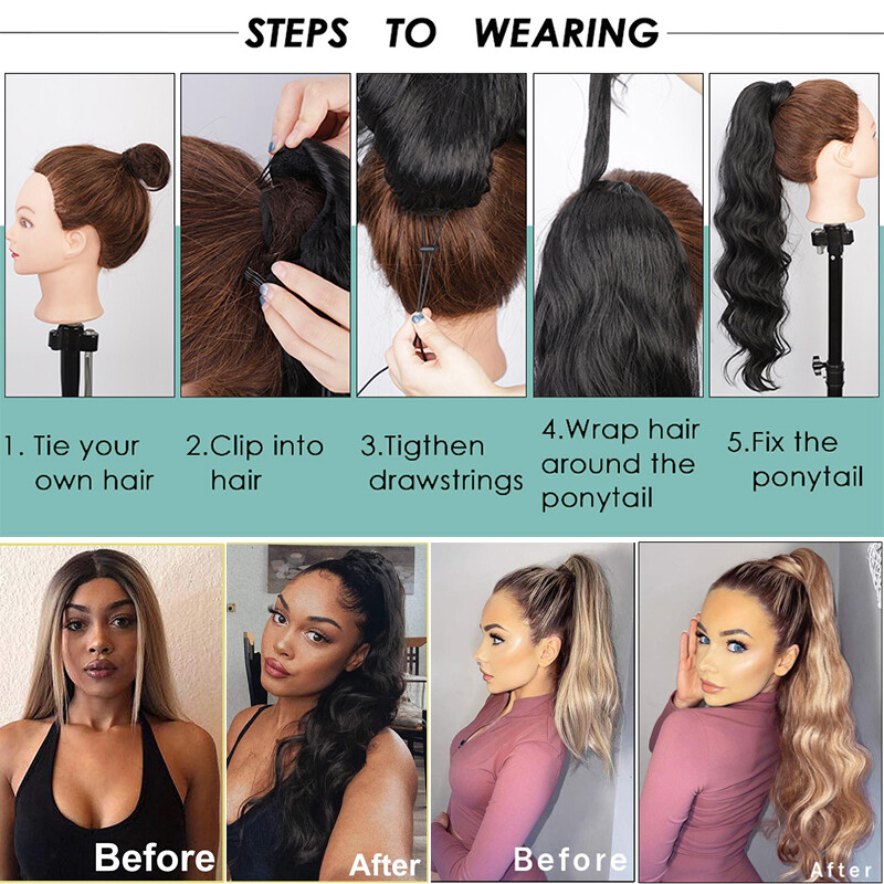 Extra Thick Drawstring Ponytail Clip In Hair Extensions As Human HAIR Brown Wavy