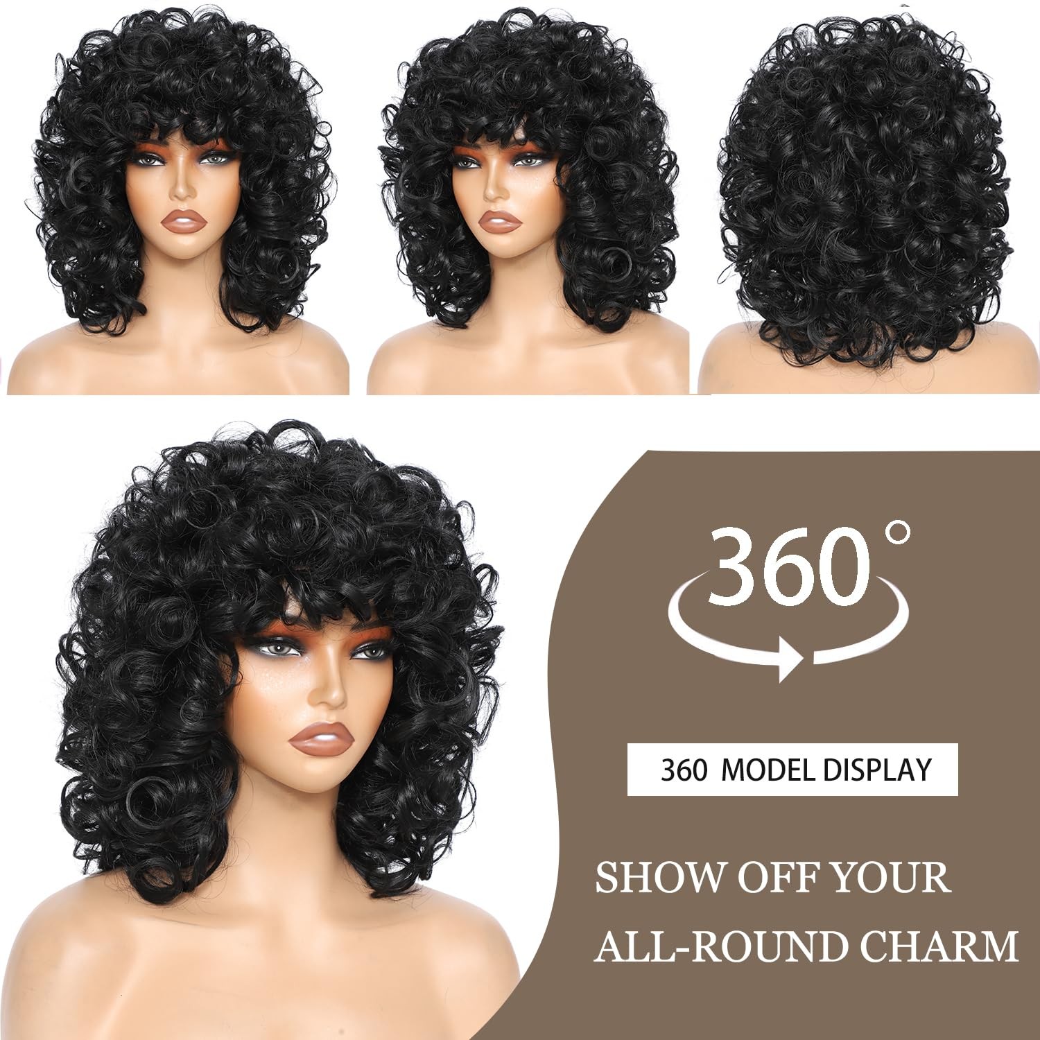 Short Curly Wigs for Black Women Soft Black Big Curly Wig with Bangs Afro Kin…