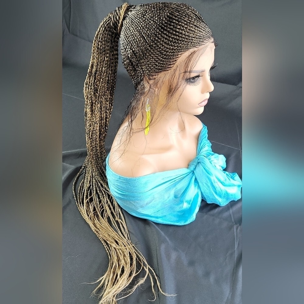 Braided Wig Full Lace 24″ 2/27 Ombre Micro Braids Glueless Ponytail w/ Baby Hair