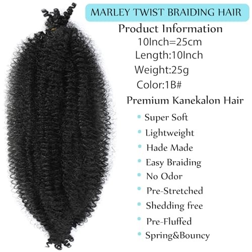 8 Packs Springy Afro Twist Hair Black Marley Twist 10 Inch (Pack of 8) 1B#