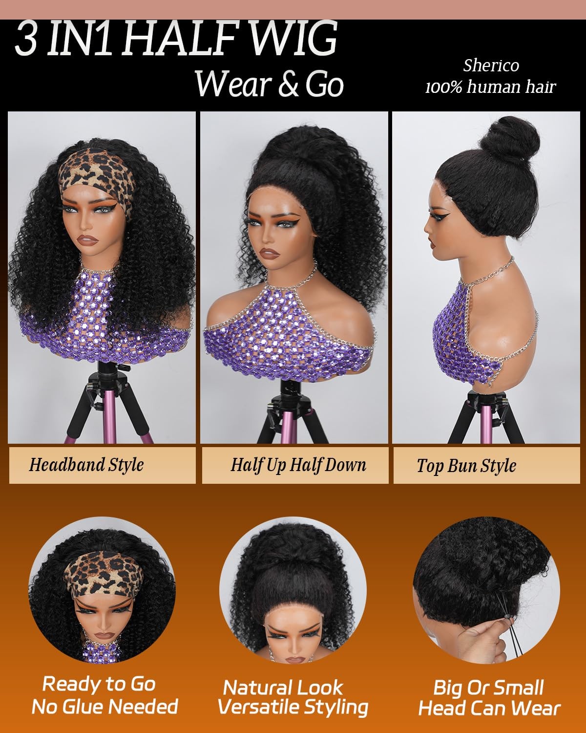 Sherico Kinky Curly Half Wig Human Hair 200 Density 3 In 1 Seamless Flip Over