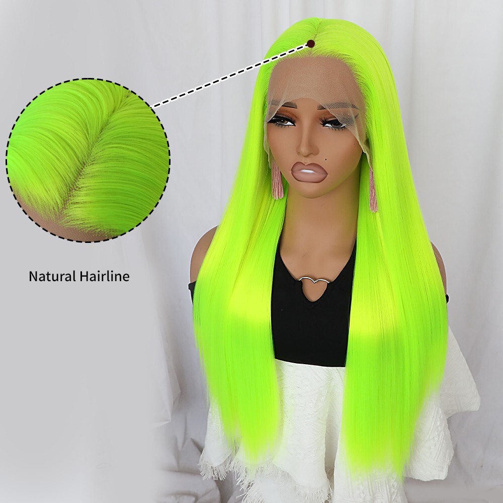 Bright Yellow Neon Green Straight Hair Lace Front Wigs Pre Plucked Women Party