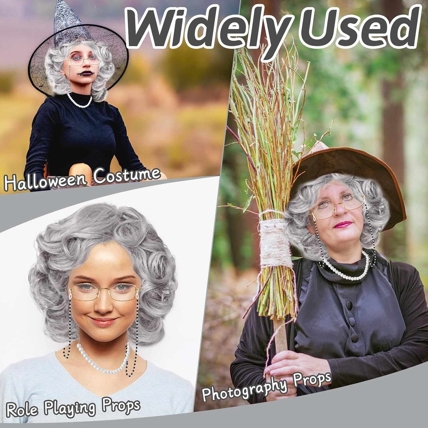 5 Pcs Old Lady Wig and Accessories,Grey Grandma Wigs,Old Lady Wig Costume Set fo