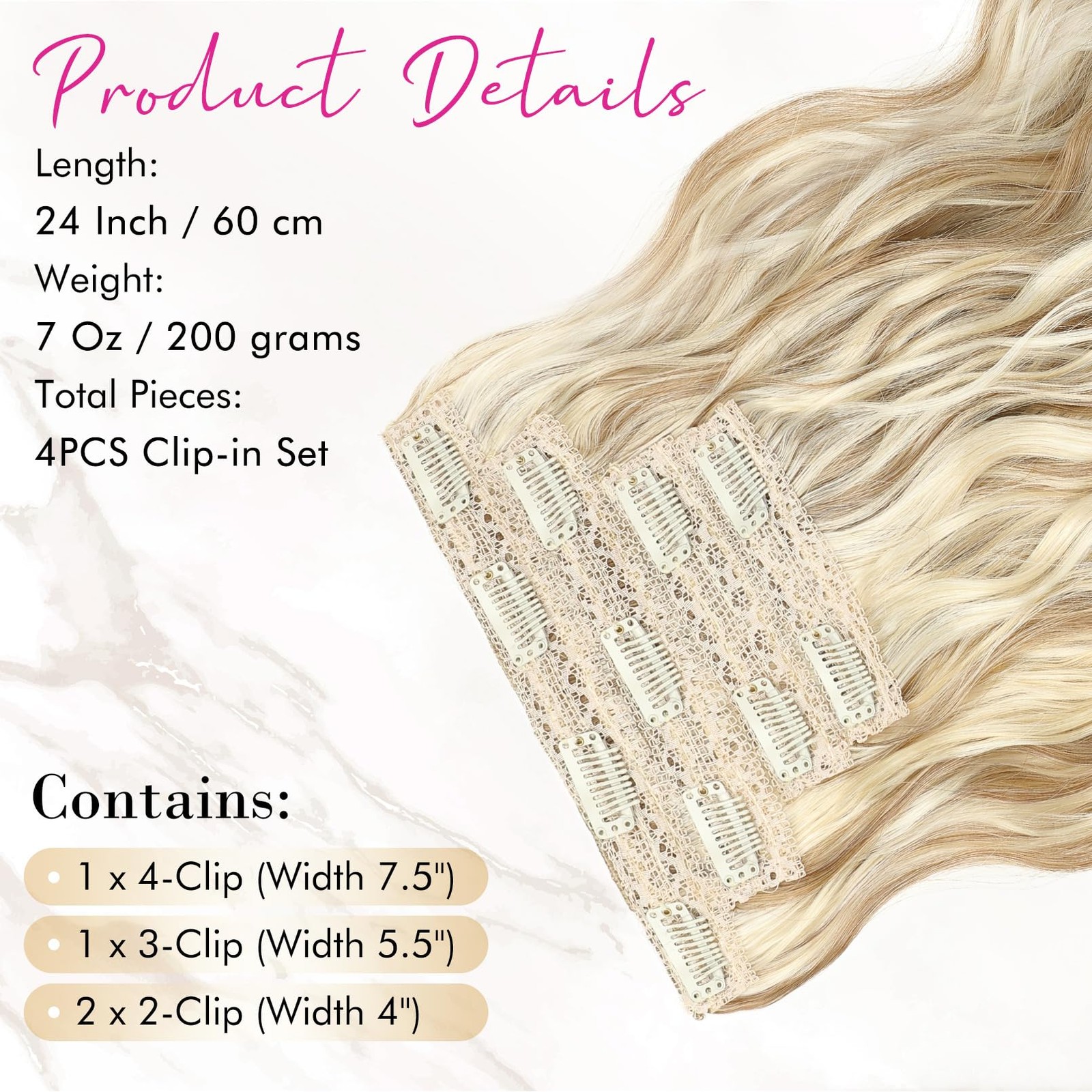Clip in Hair Extensions, 4PCS Hair Extensions 24″ Thick Long Beach Waves hair…
