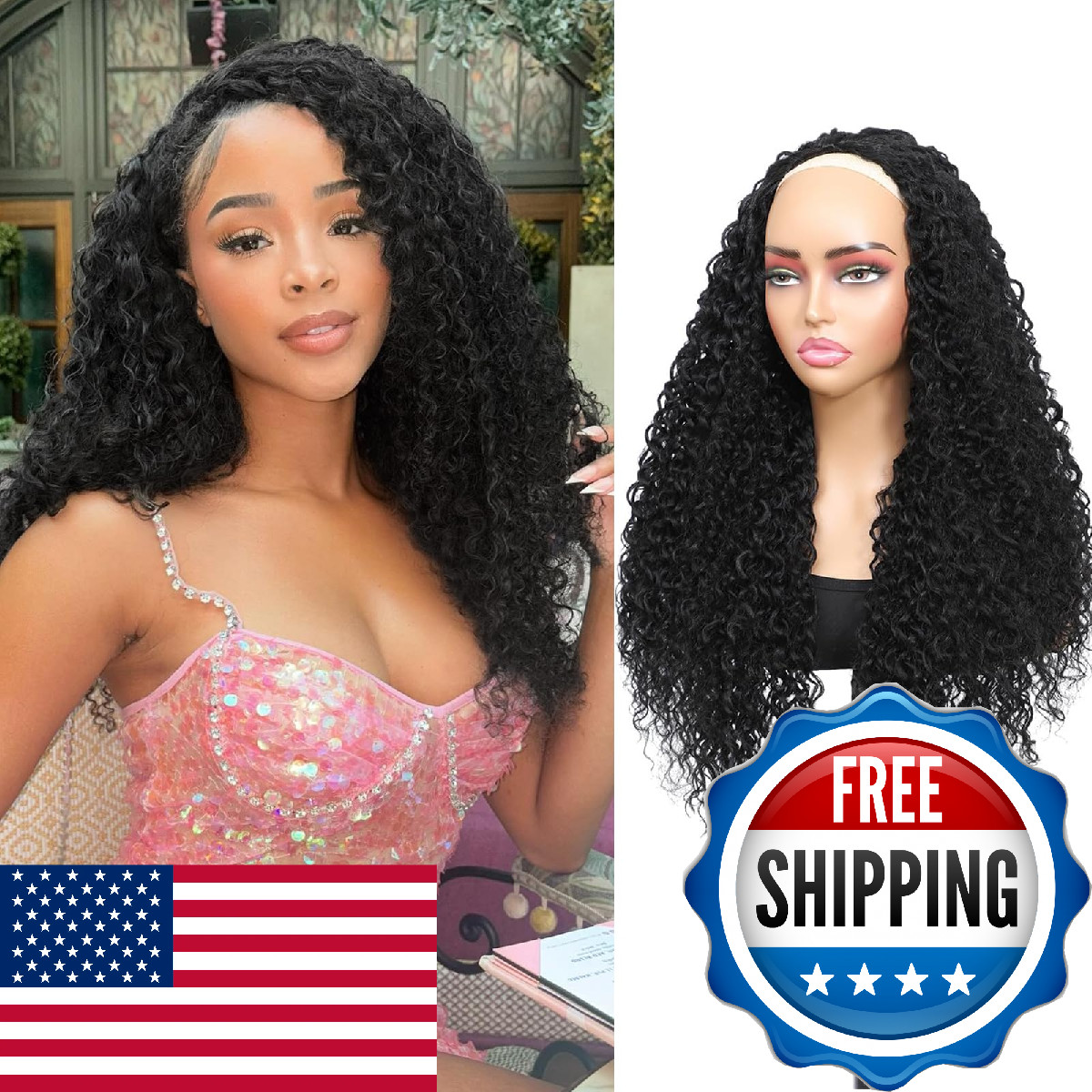 Long Burmese Curly Half Wigs for Black Women, 3 in 1 Glueless Wear and Go Protei