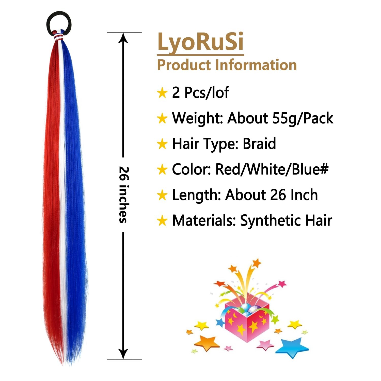 2 Pack Braid Ponytail Extension with Elastic 23 Inch（Pack of 2） Red/White/Blue#