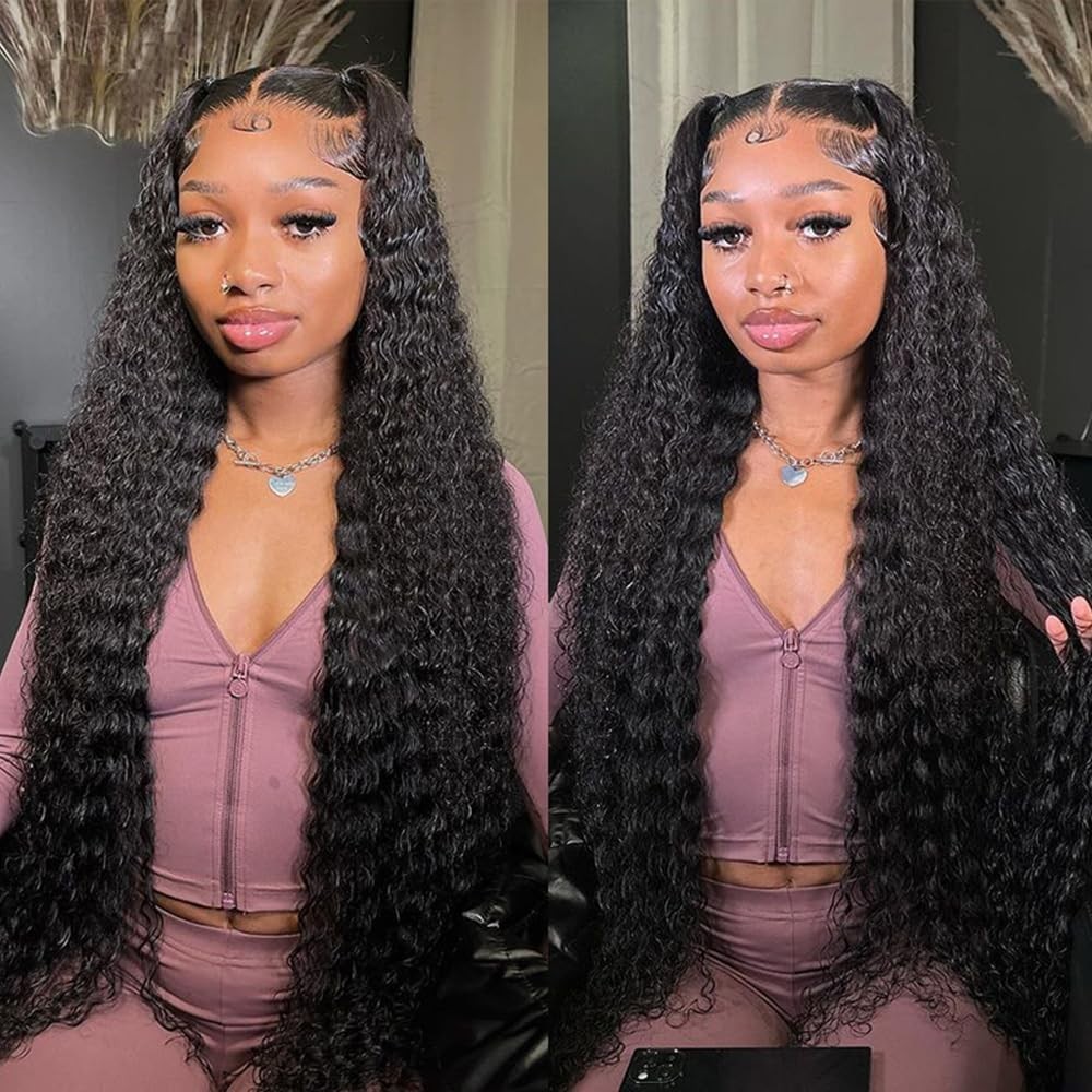 40″ 13×6 Deep Wave Lace Front Wig – Pre-Plucked, 250% Density, HD Lace, Curly Ha
