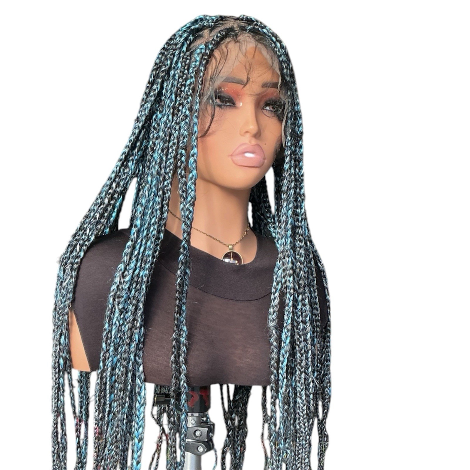 Handmade Black Blue Silver Long Curly Ends Braided Lace Front Wig 31-40in