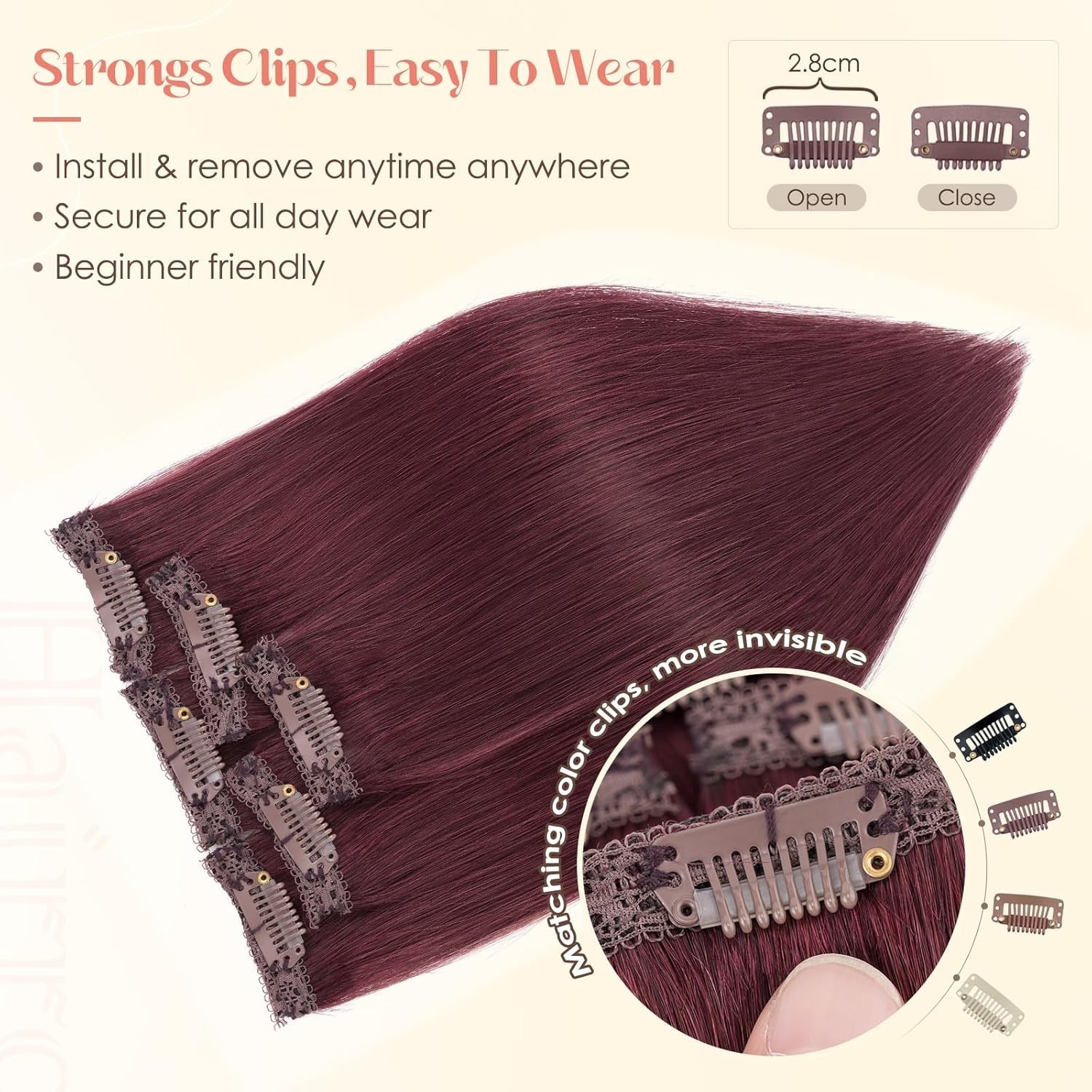 Hairro 6PCS Clip In Human Hair Extensions Short Burgundy Color Clip Ins Remy Rea