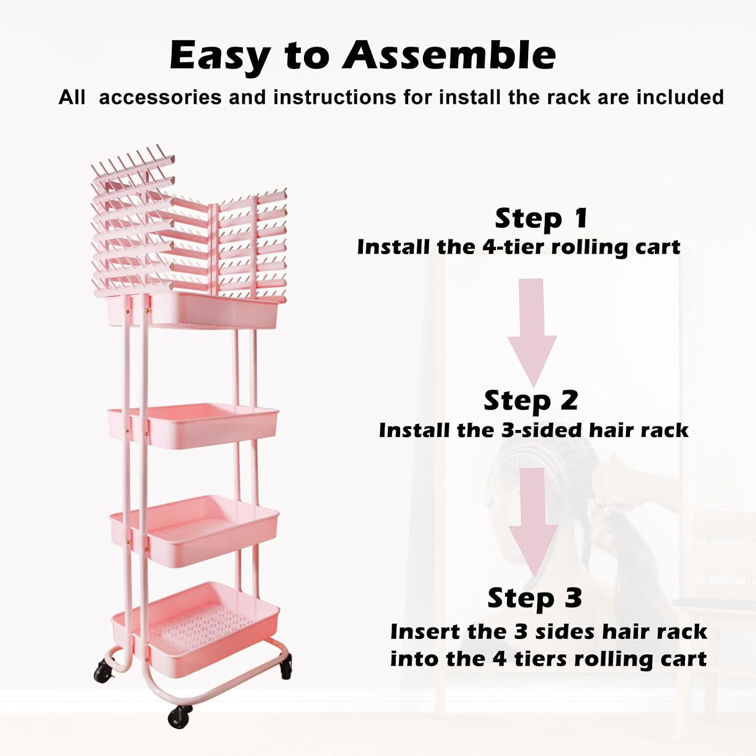 Braiding Hair Rack with 196 Pegs, Hair Extension Holder with 4 Tiers Storage Car