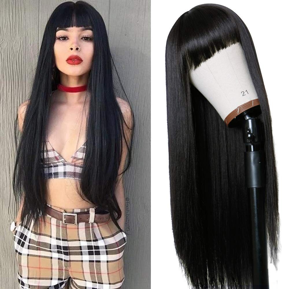 Full Machine-Made 24-Inch Natural Black Wig with Bangs – Versatile & Comfortable