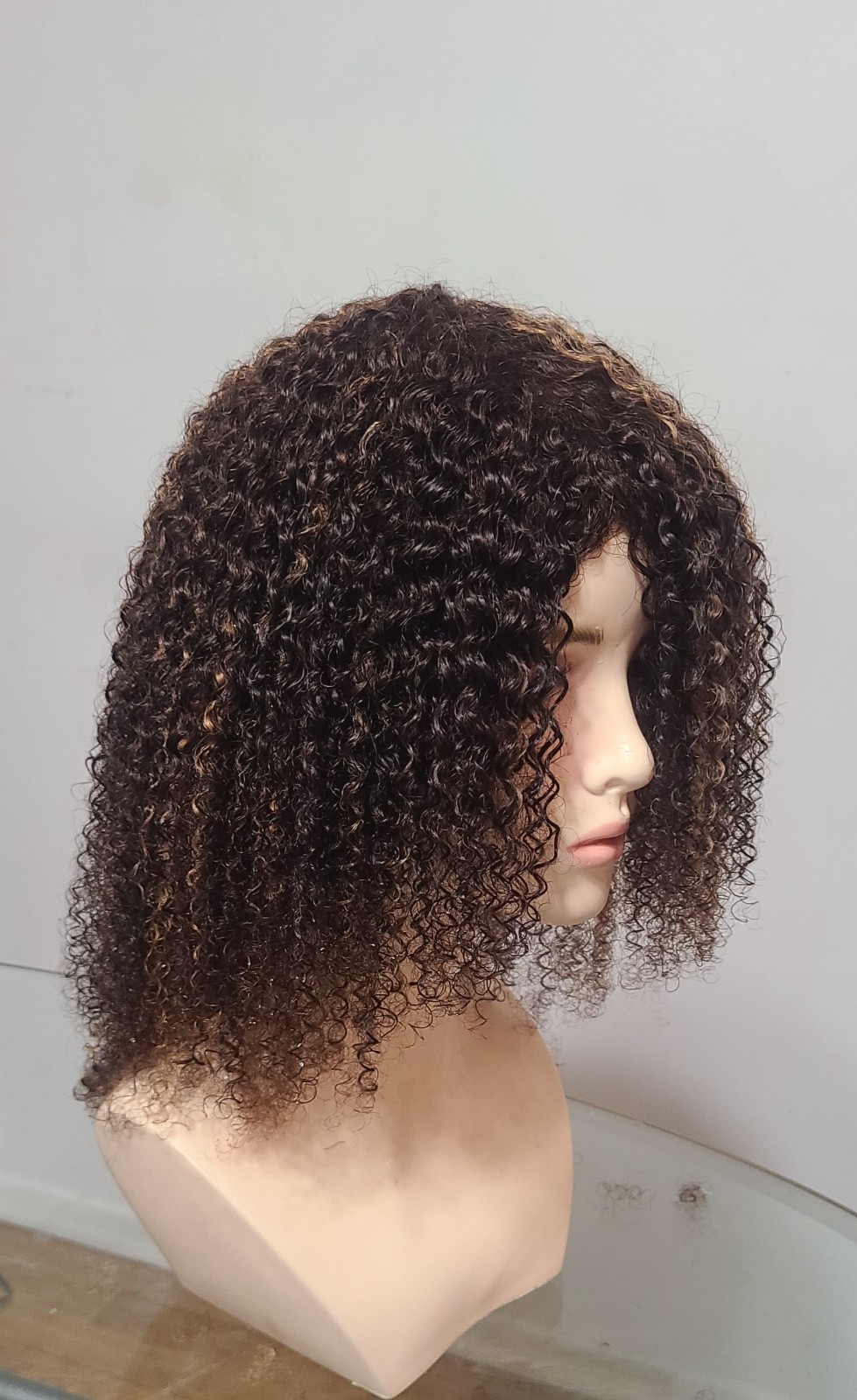 14″afro kinky Curly Glueless wig,Human Hair with #4/27 medium brown, Highlights.
