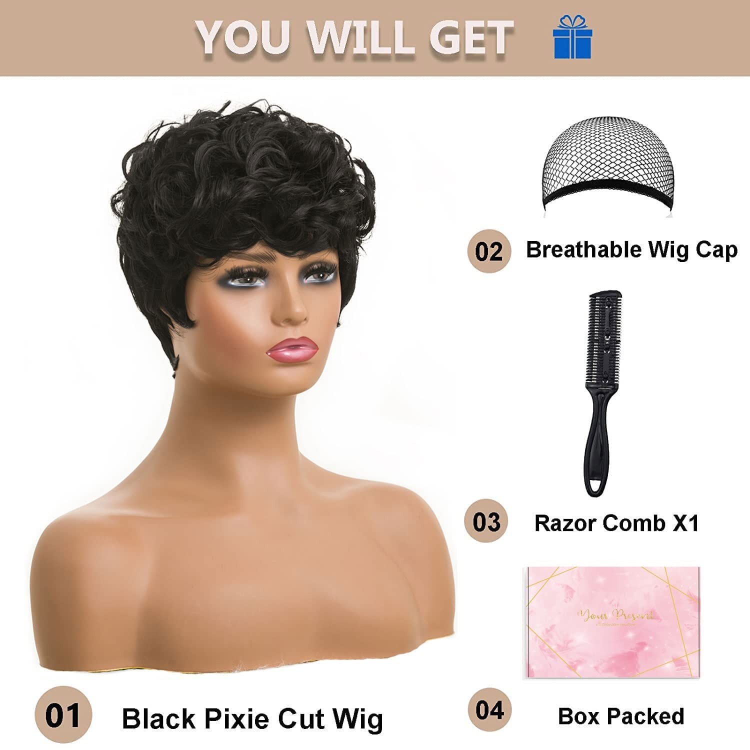 6″ Short Pixie Wigs Black Women Short Black Curly Pixie Synthetic Hair Wigs