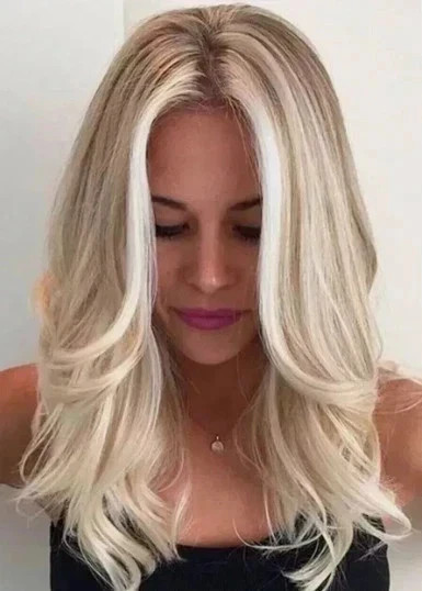 Real Human Hair New Fashion Women’s Layered Light Blond Wavy Full Wigs 20 In