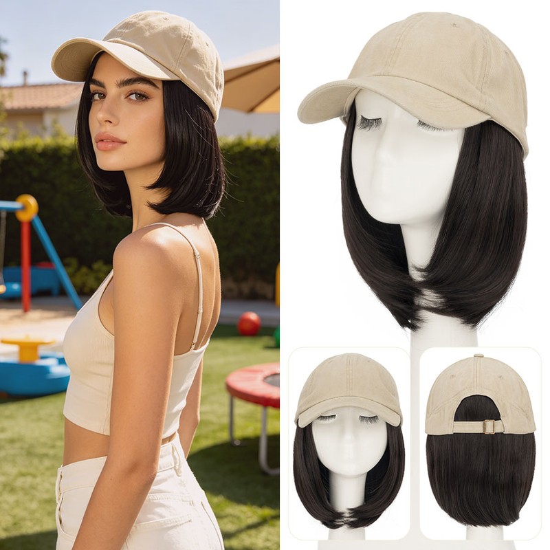 Natural Baseball Cap with Hair Extensions Straight Curly Hairpiece Beanie Hat US