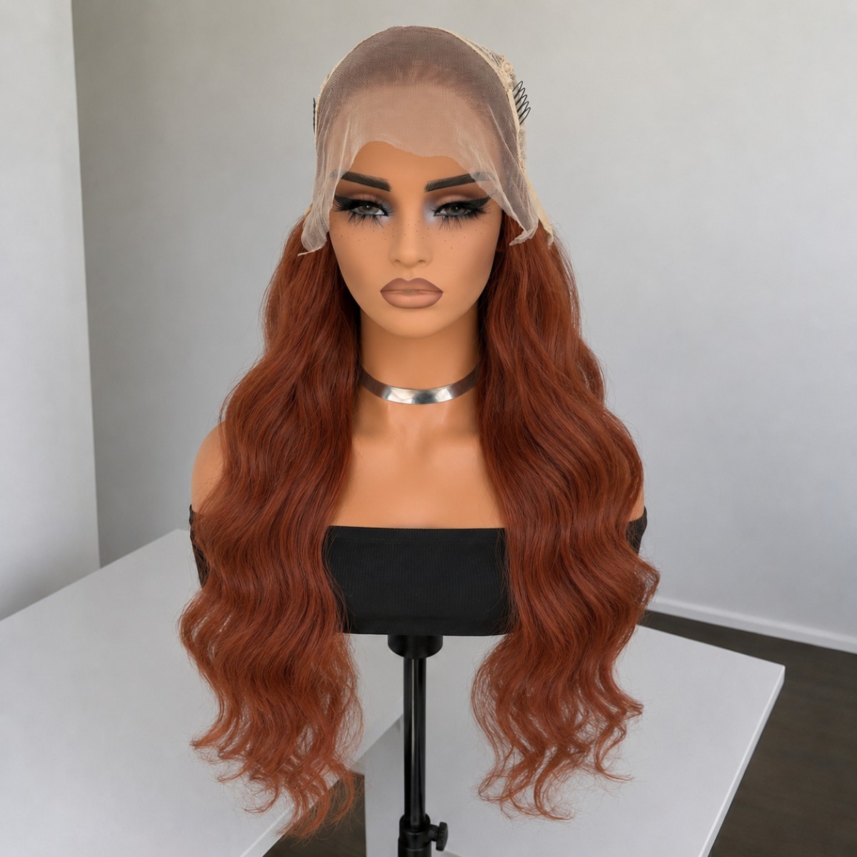 Pre Plucked Copper Red Frontal Lace Wig Long Wavy Layered Heat Resistant Hair