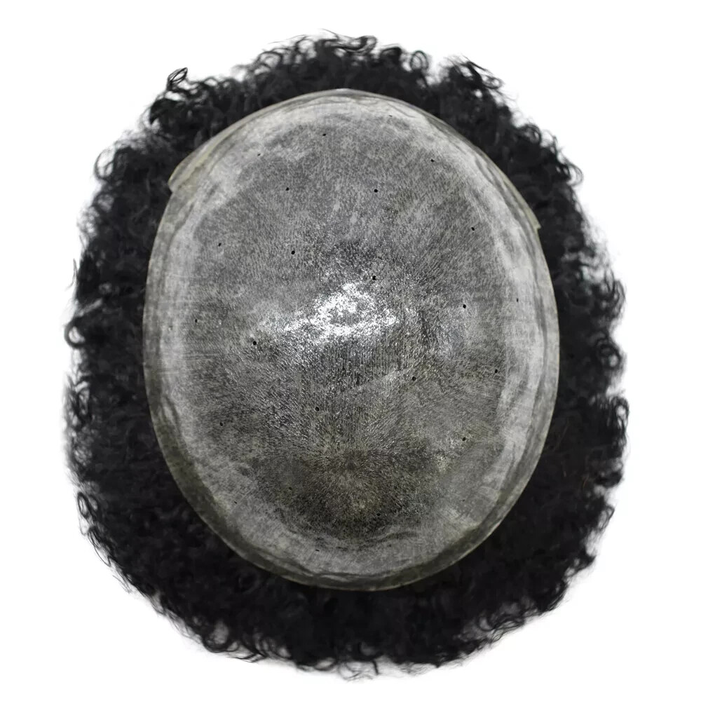 Afro Curl Mens Toupee Poly Skin Pu African American Hair System Breathable Holes