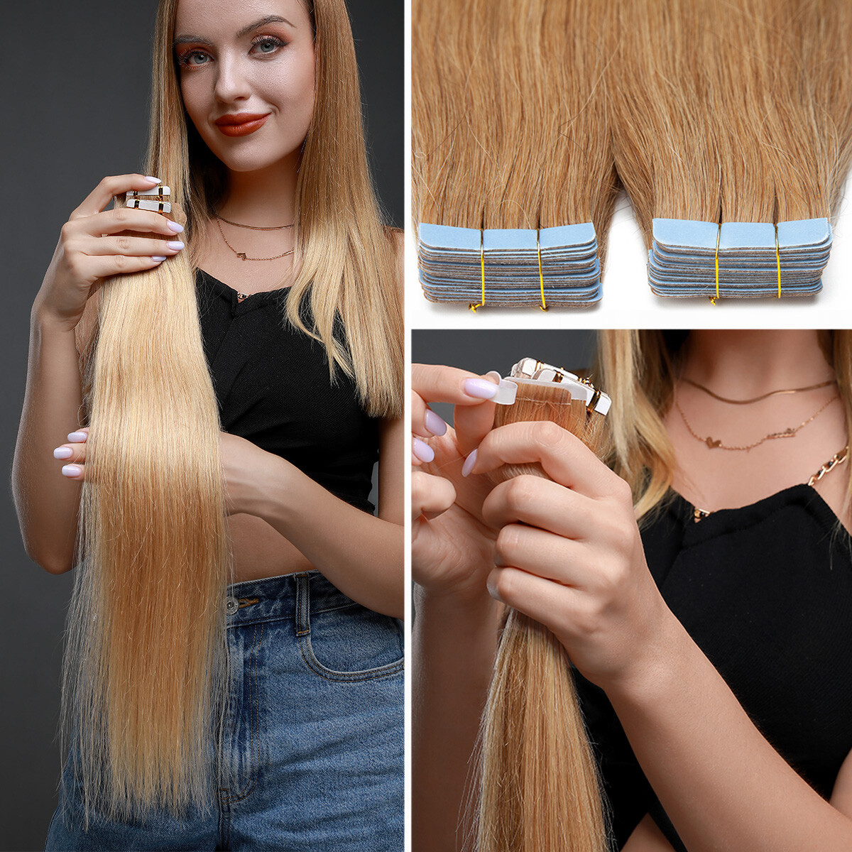 60PCS/150G Thick Tape In Remy Human Hair Extensions Full Head Skin Weft BLONDE S