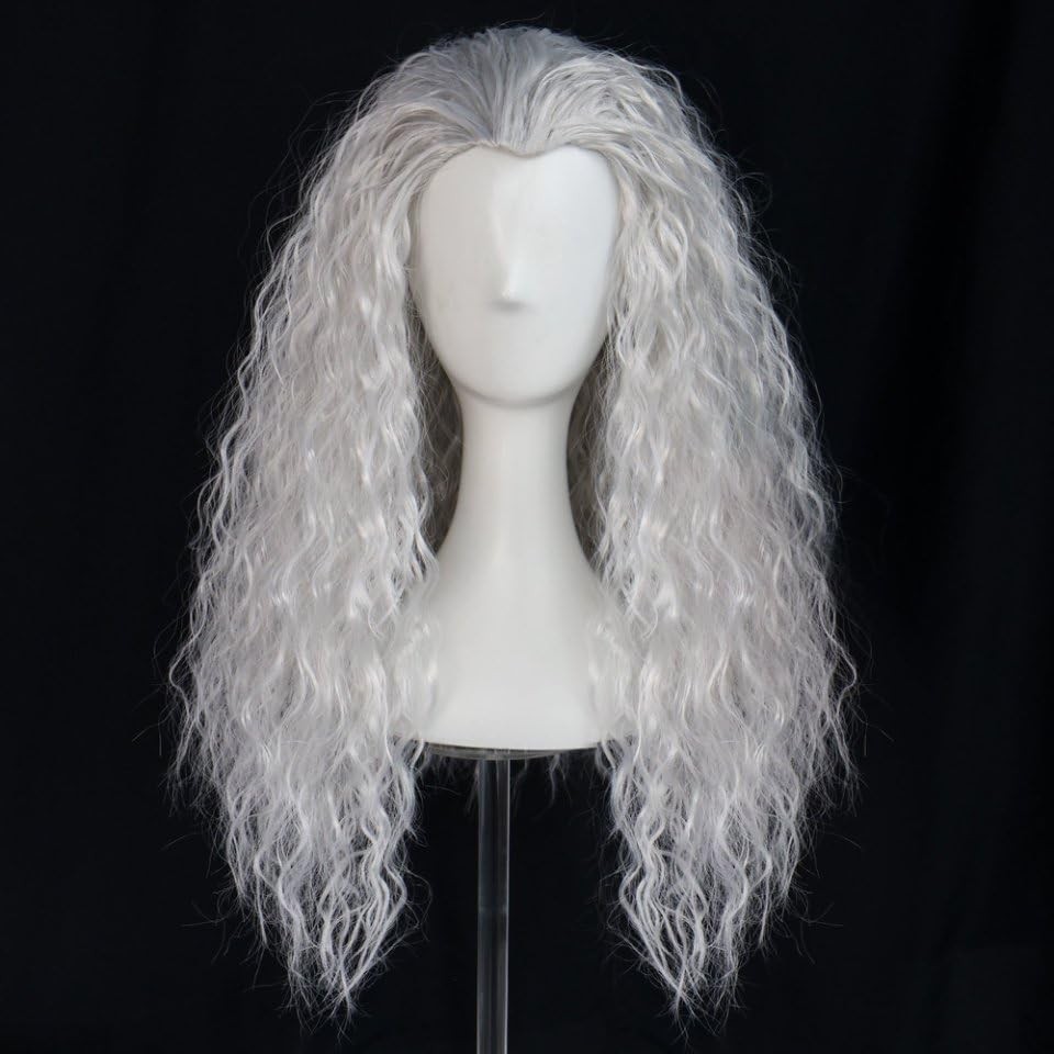 Hair Cap+ Long Grey Curly Wig Women Witch Wig Silver Outfit for Anime Cosplay…