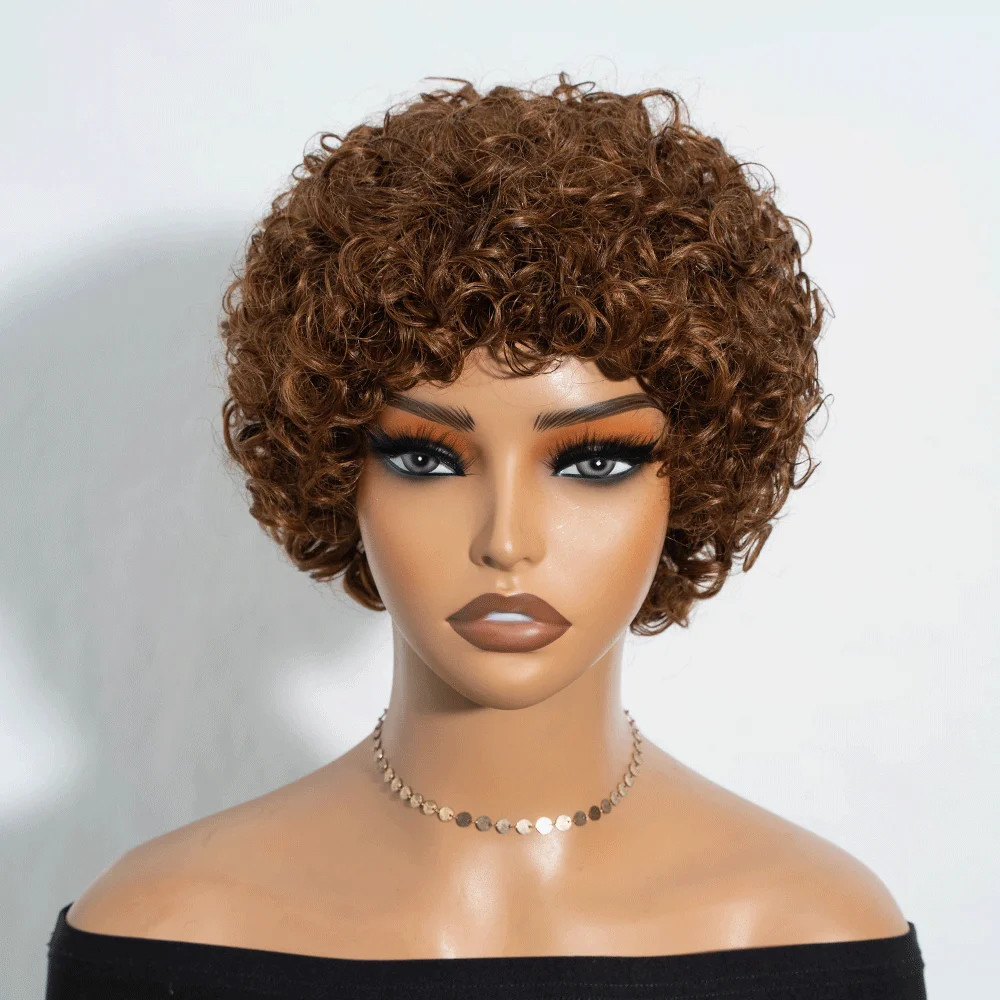 Brazilian Afro Puff Pixie Bob Wig 99J Natural Brown Human Hair For Women