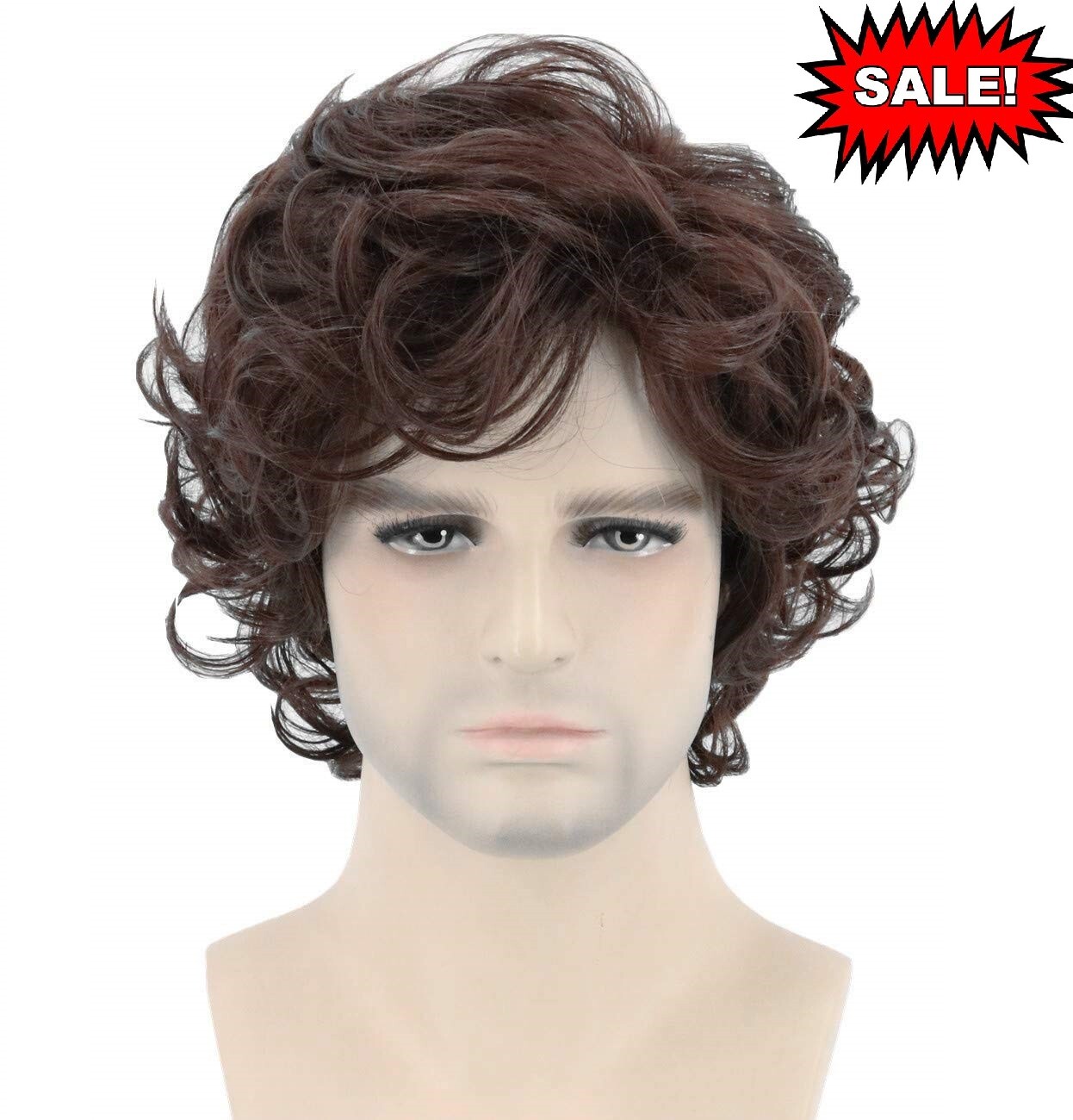 Men Brown Short Curly Wig Fluffy Synthetic Fiber Hair Wigs for Men Daily Wig US