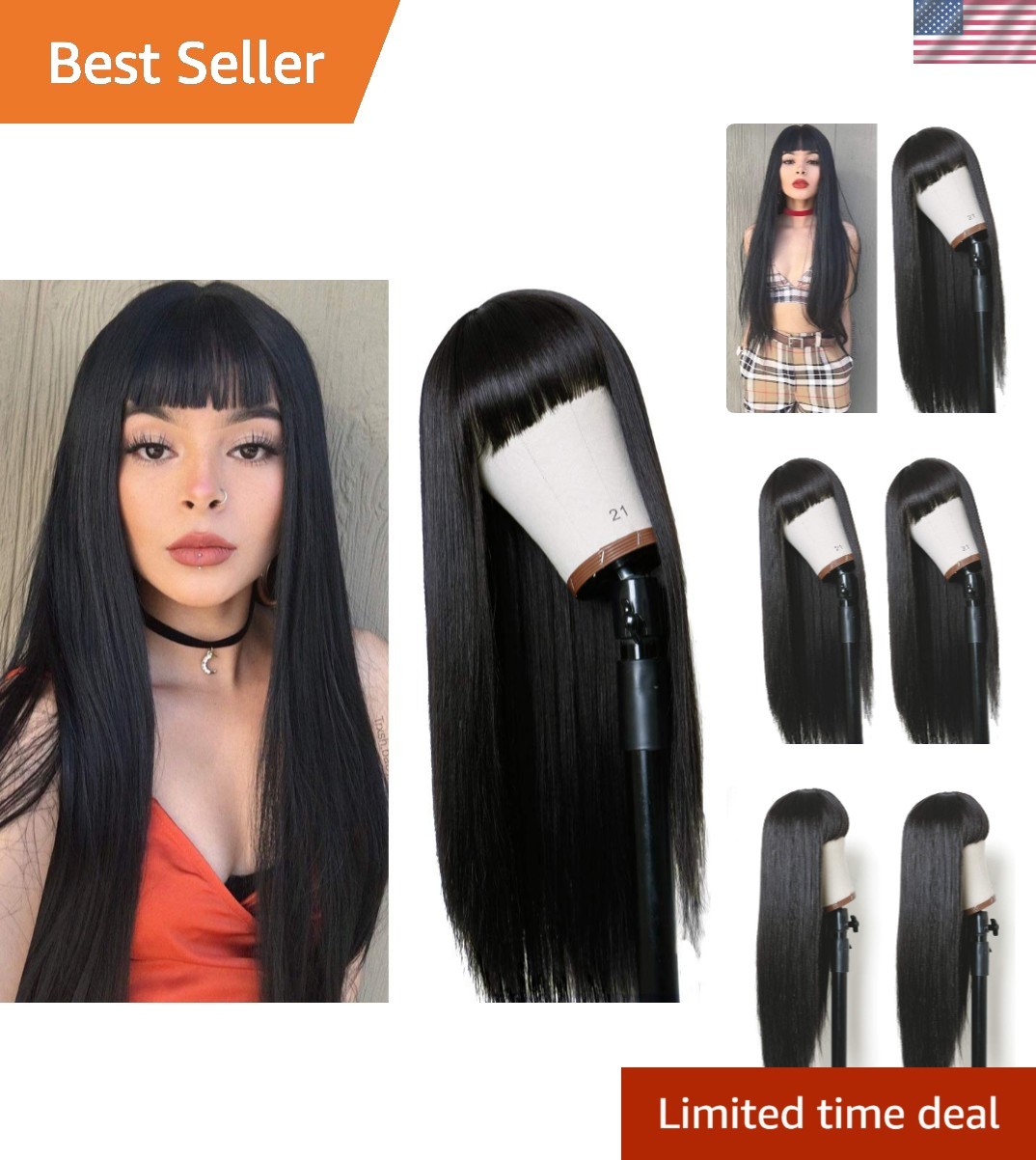 Full Machine-Made 24-Inch Natural Black Wig with Bangs – Versatile & Comfortable