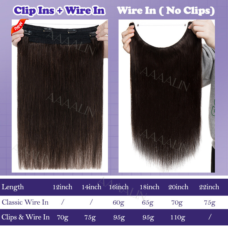 Invisible Wire In 100% Real Remy Human Hair Extensions Clip In Hairpiece 1PCS US
