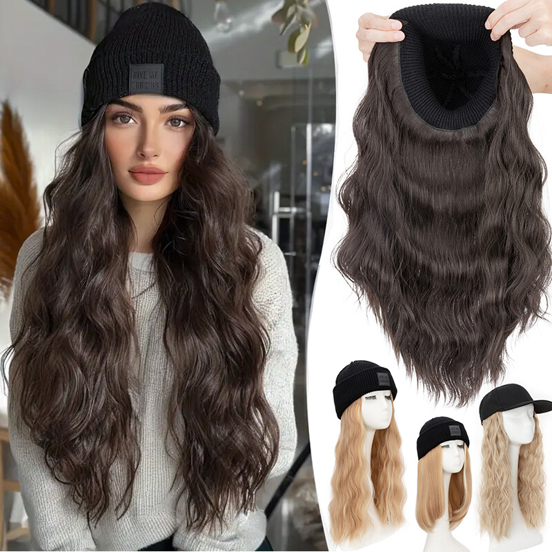 Women Baseball Cap with Synthetic Wig Long Wavy Full Wigs Hat Knitted Straight