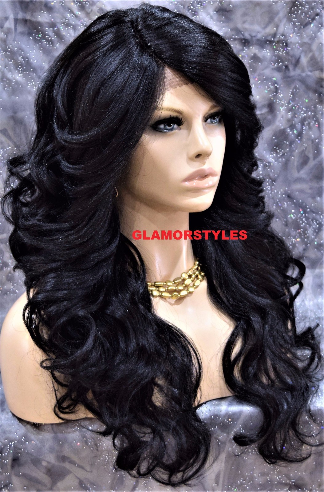 LACE FRONT FULL WIG LONG WAVY LAYERED SIDE PART JET BLACK #1 HEAT OK NWT