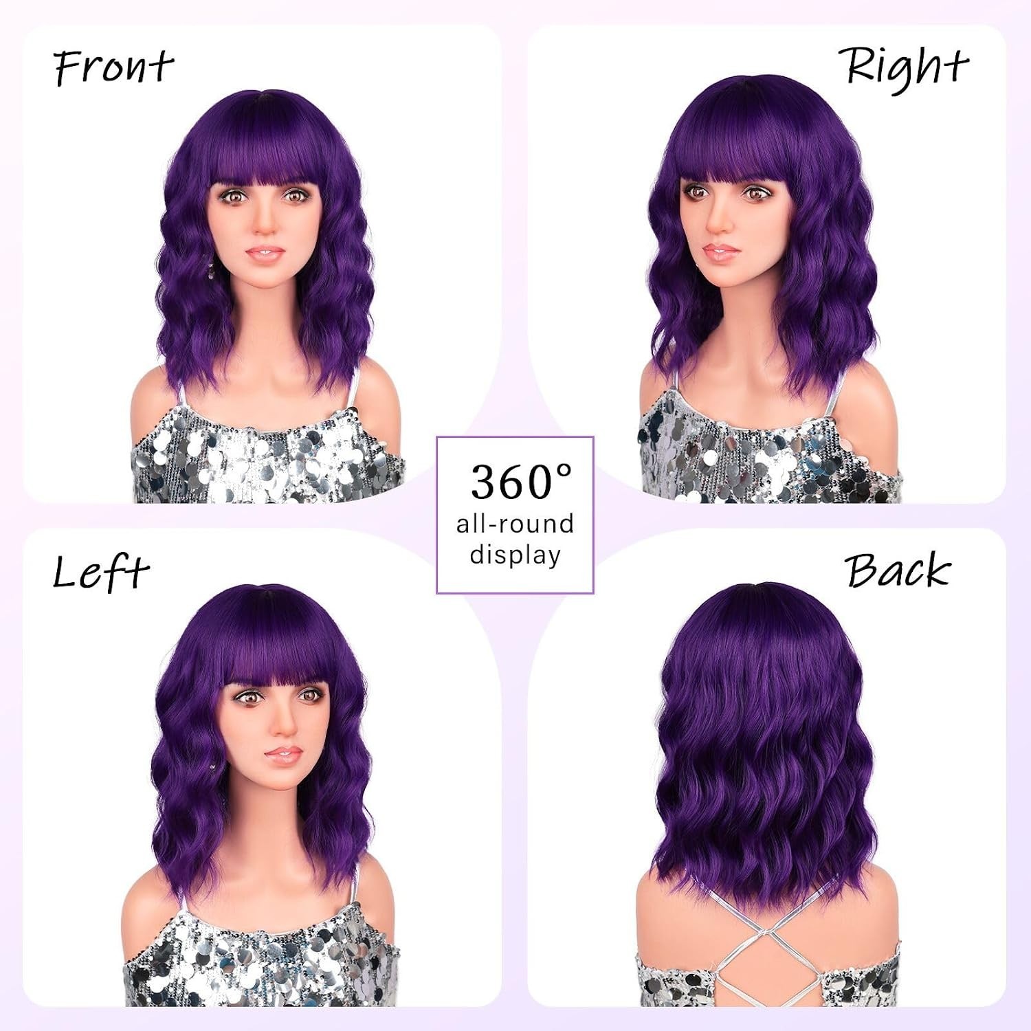14″ Dark Purple Loose Wavy Bob Wig for Women Cosplay Party 169E818234