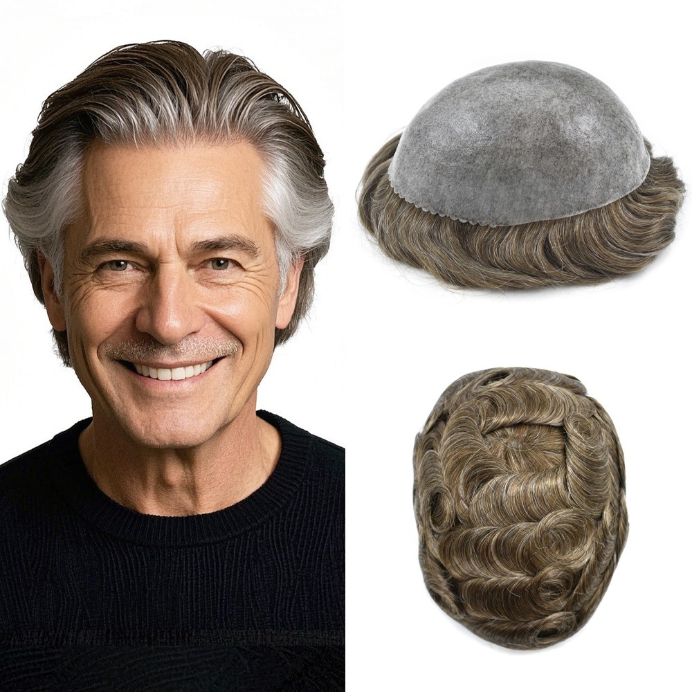 Mens Toupee Hairpieces Poly Skin Pu Black Brown Gray Hair Replacement System US
