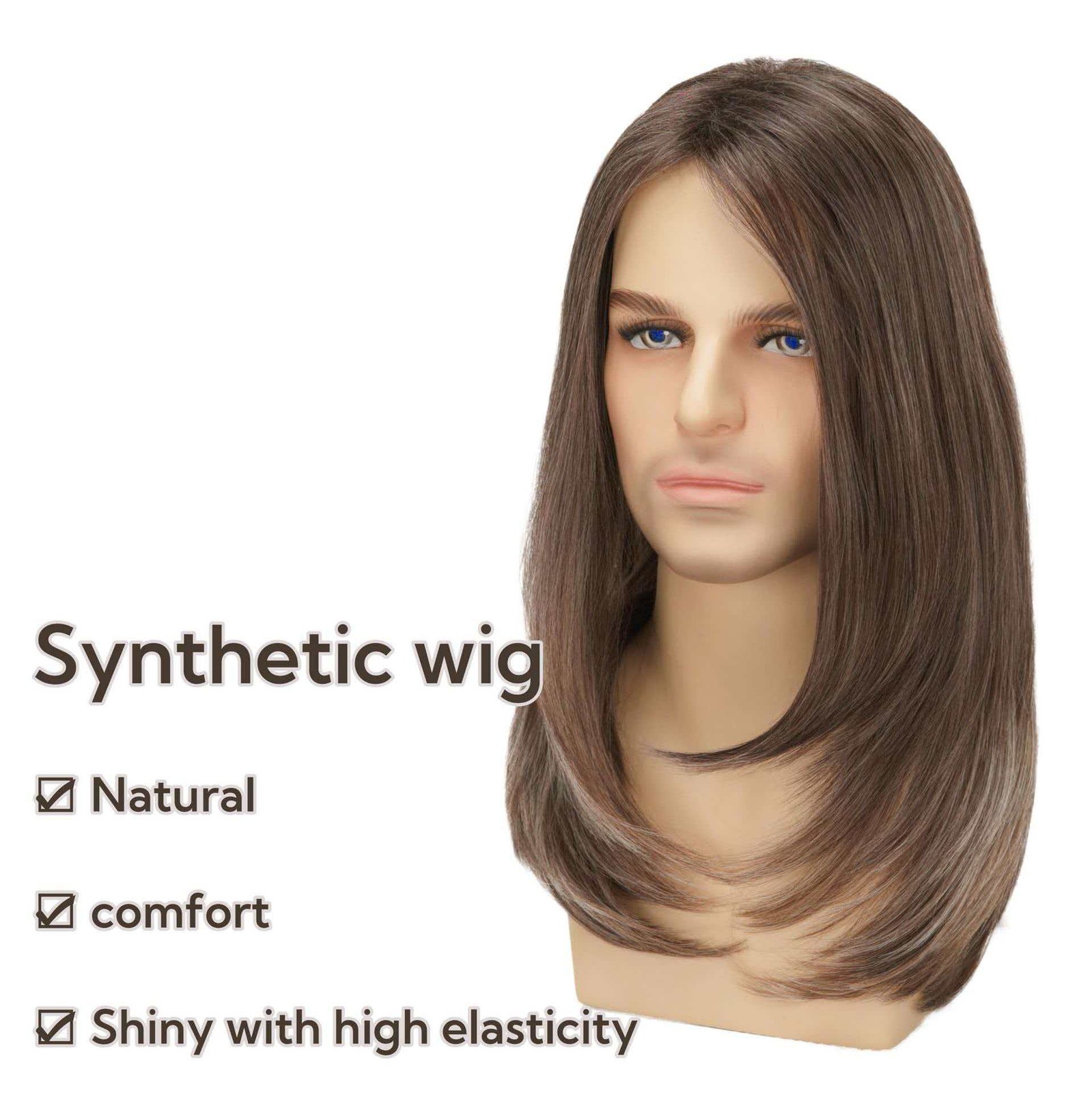 Men’s 20in Natural Brown Long Full Wig Cosplay Heat Resistant Synthetic Party