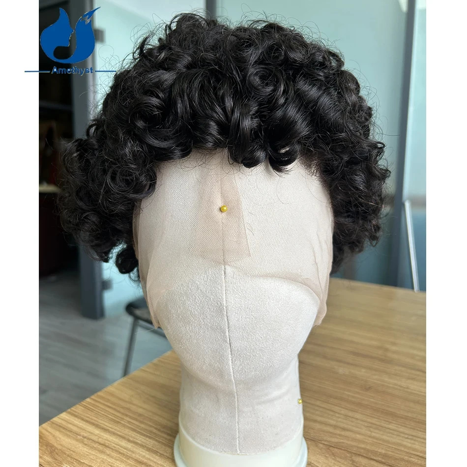 Rose Curly Men’s Wig Short Boy Cut Bob with Bangs Full Lace Wig Pre Plucked Remy
