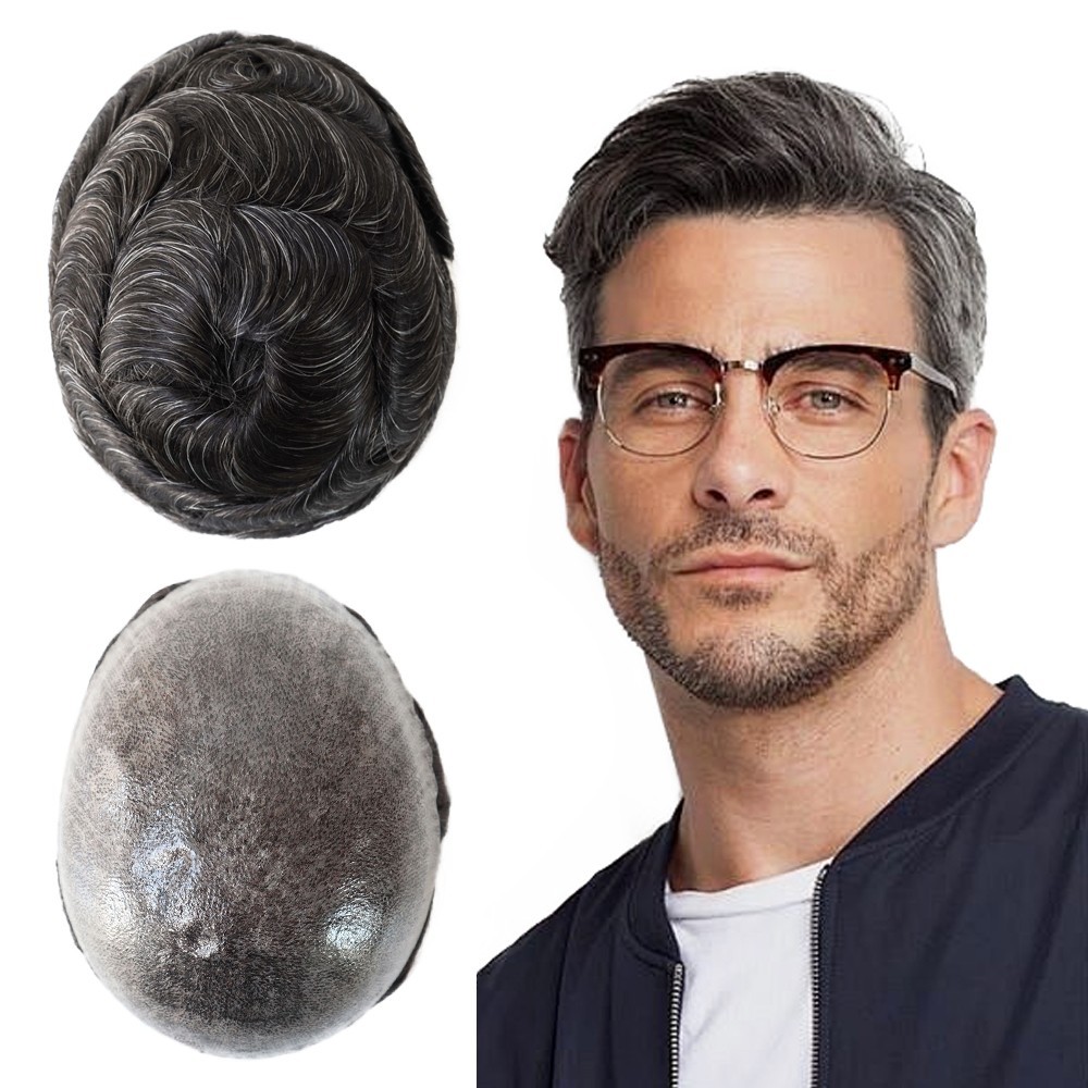 Toupee for Men Human Hair Replecement System Injection Skin Grey Hairpieces 1B20