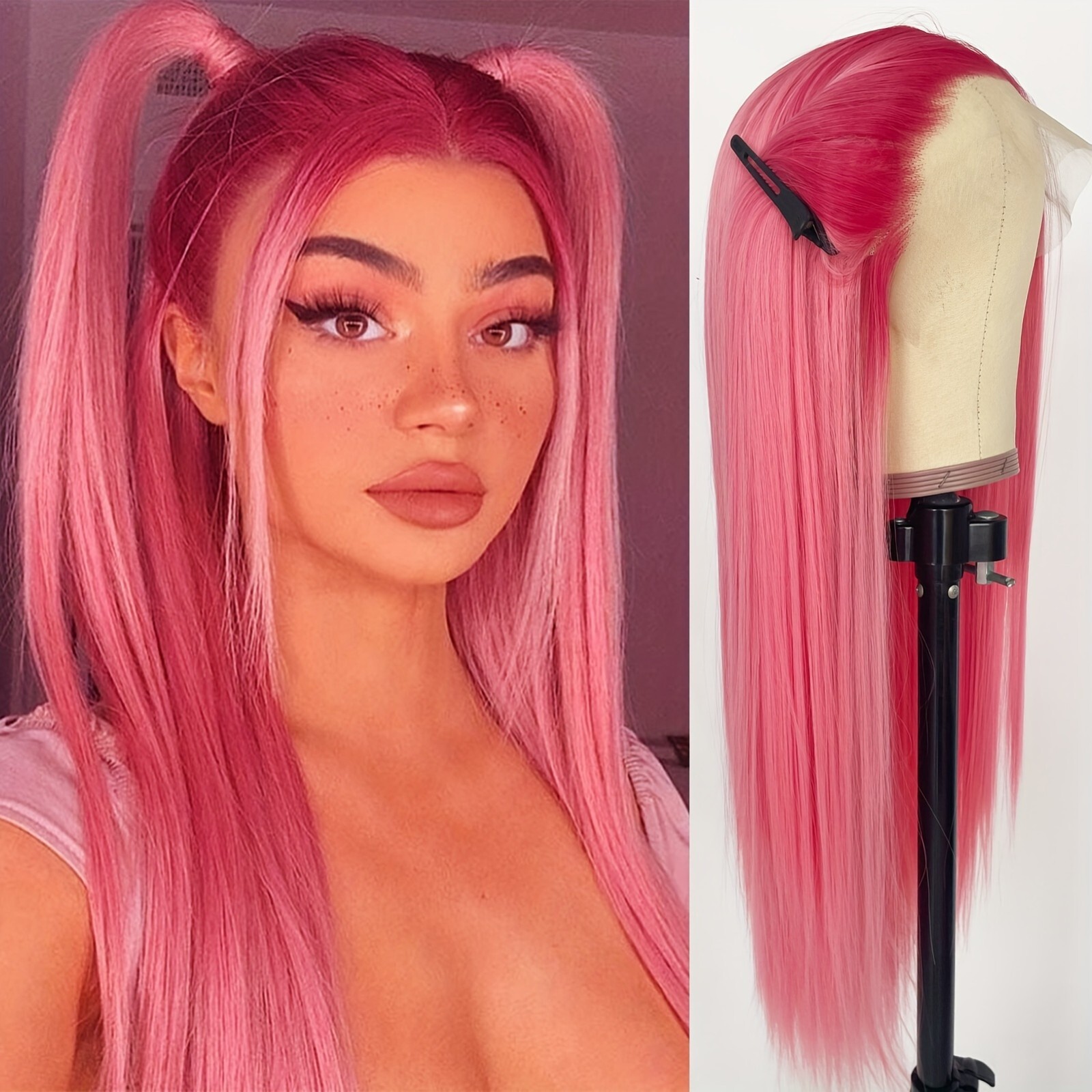 13×4 Ombre Pastel Pink Colored Synthetic Lace Front Wigs Free Part Pre Plucked