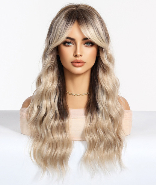 Long Wavy Rooted Blonde Mix Synthetic Hair Wigs Women Soft Natural Daily