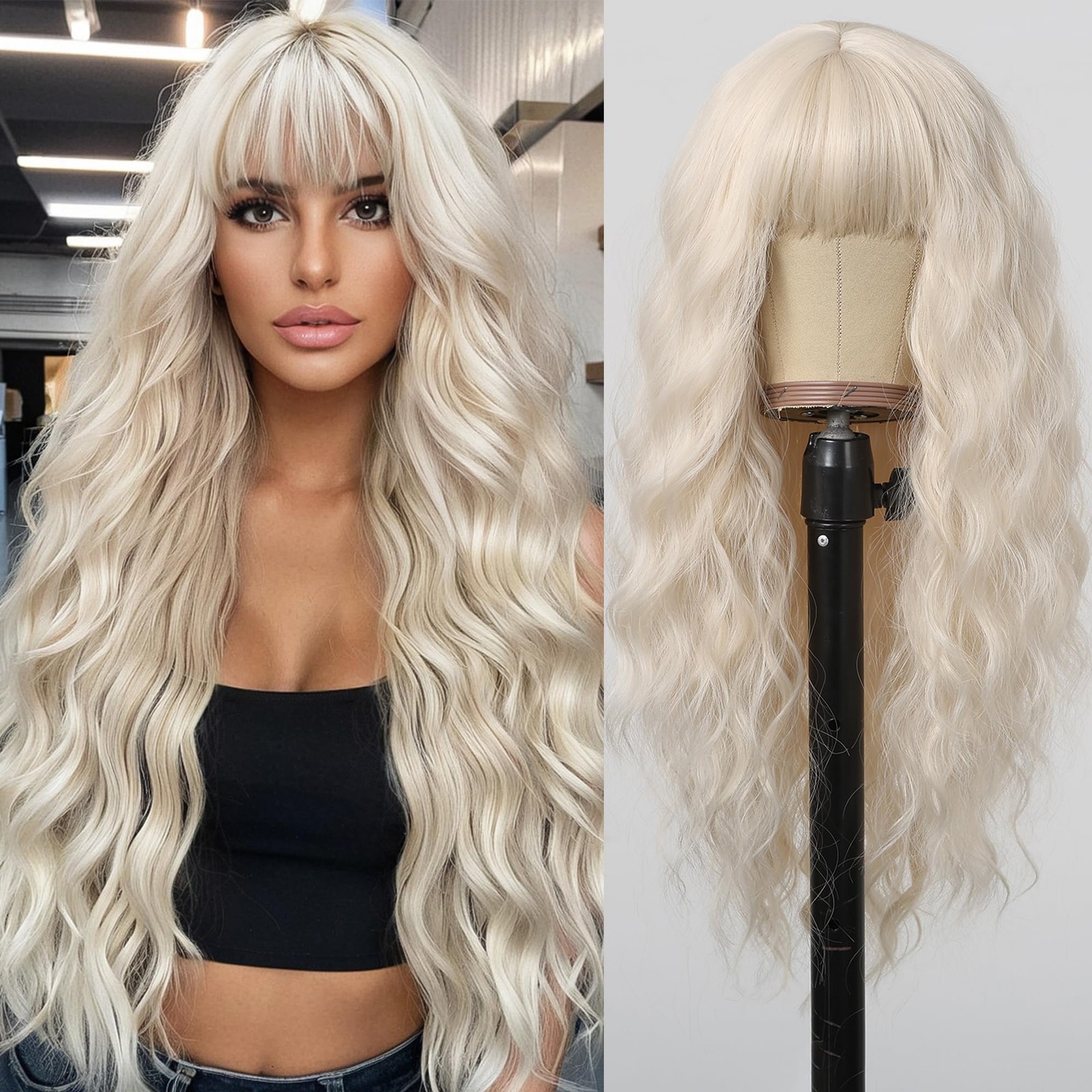 Platinum Wigs for Women Long Platinum Blonde Curly Wigs With Bangs Heat Resis…