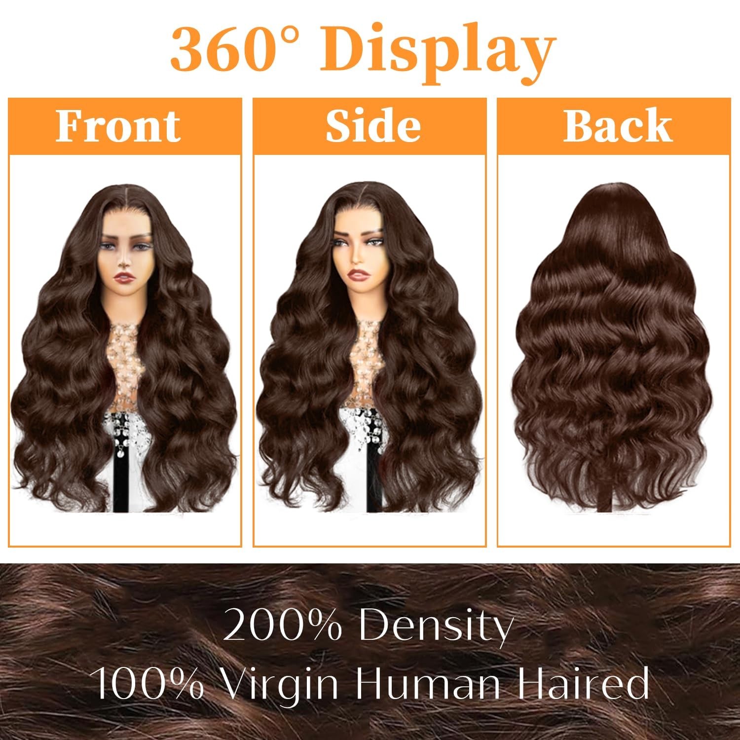 30″ Chocolate Brown Body Wave Lace Front Wig, 200% Density, Pre-Plucked Human Ha