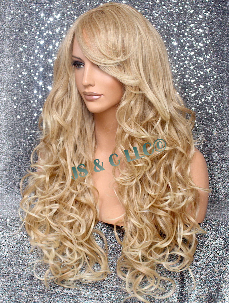 Human Hair Blend Wig Heat OK Curly Long Blonde mix Bangs Layered 27-613 NWT WBBT