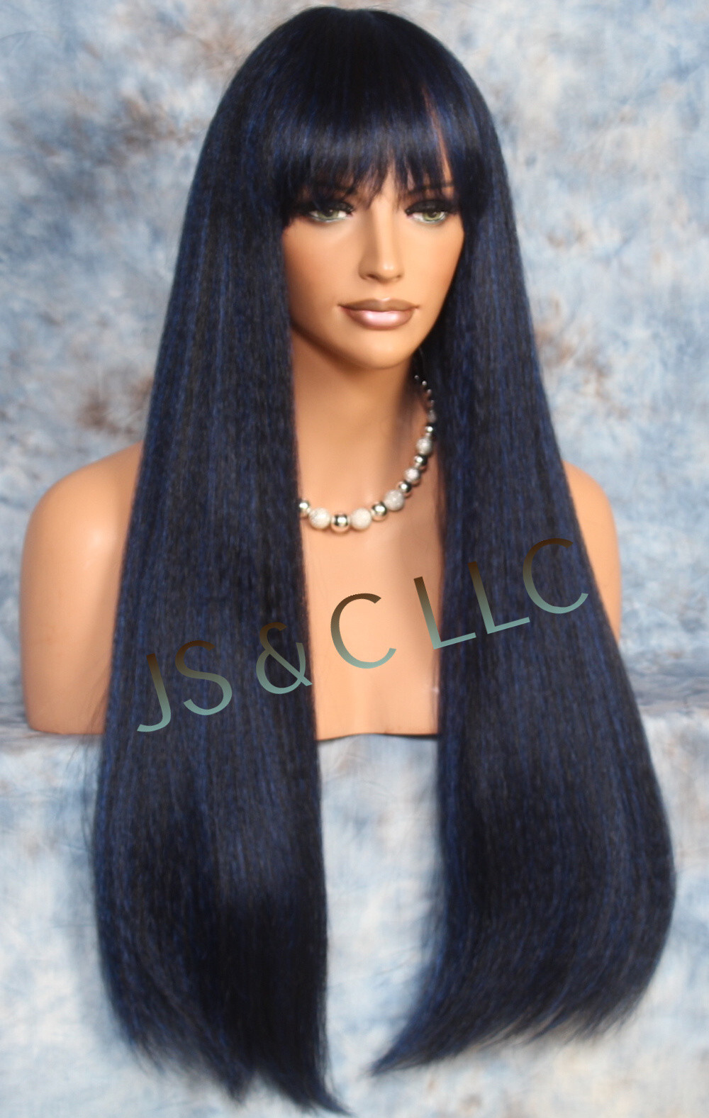 Human hair Blend Full Wig Heat Safe Blue black textured straight blunt bangs MG