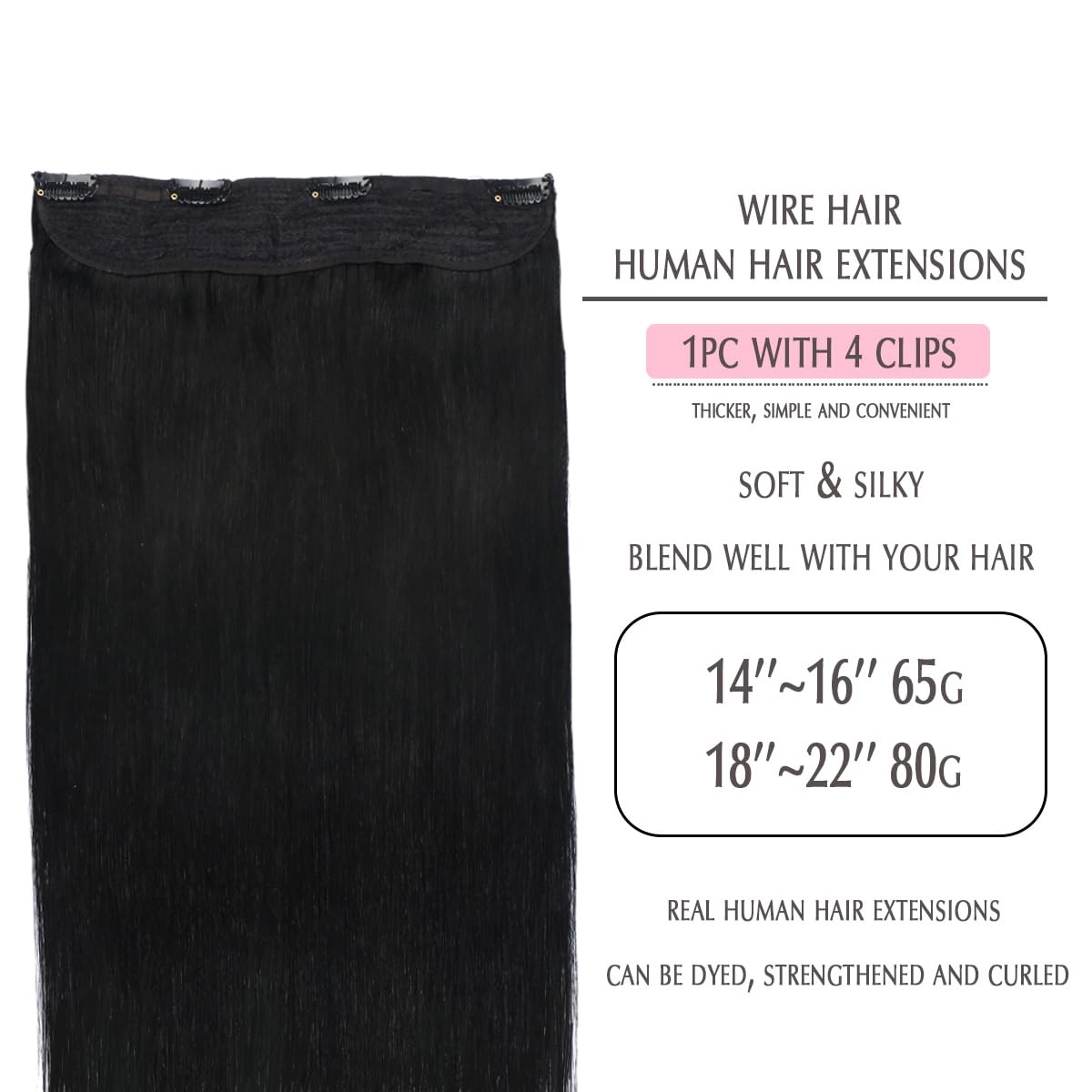 SURNEL Wire Hair Extensions, Jet Black 65g 14 Inch, Invisible Wire Extensions Re