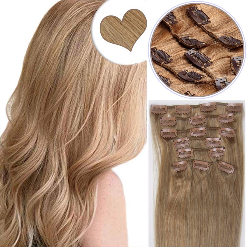 Clip in Remy Human Hair Extensions Double Weft Thick Hair Caramel Blonde24in120g