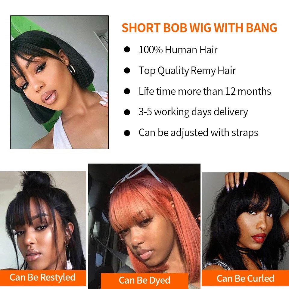 Short Bob Wig Human Hair Wigs Full Machine Made Wigs Natural Color With Bangs