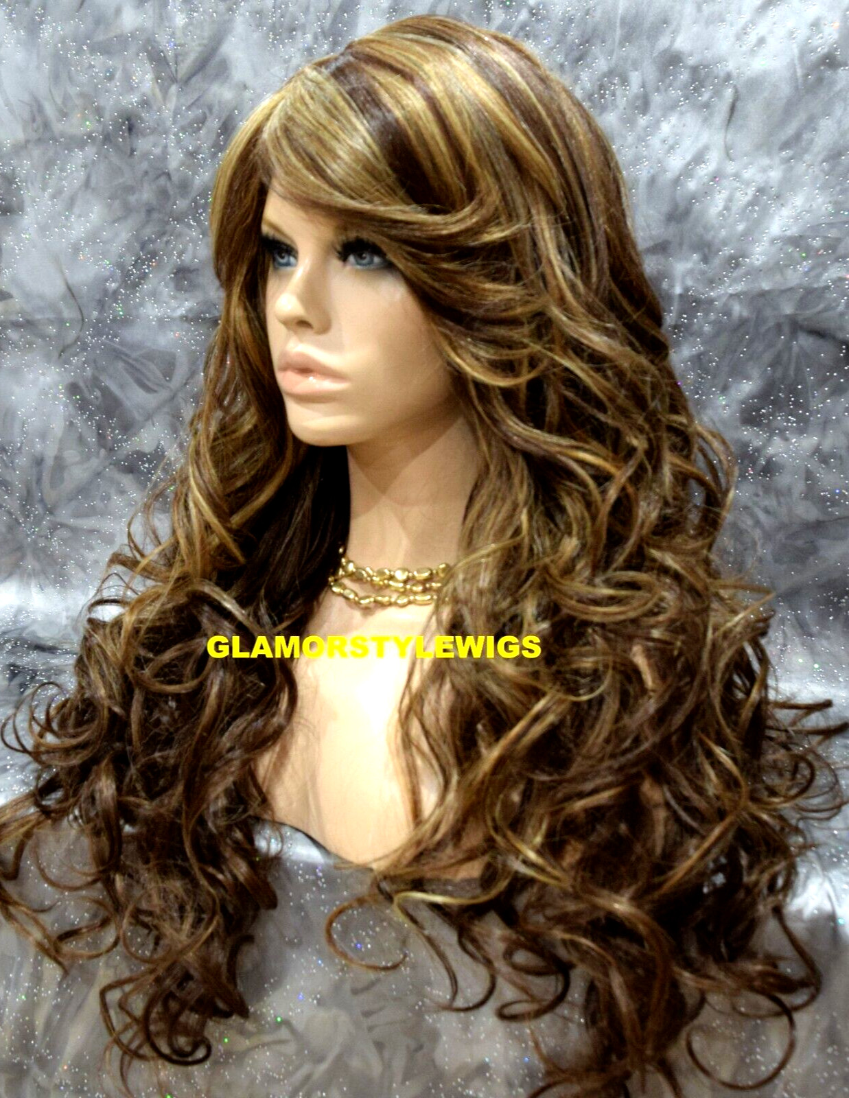 FULL WIG LONG WAVY LAYERED SKIN SIDE PART GOLDEN BROWN MIX HEAT OK #8.27.613 NWT
