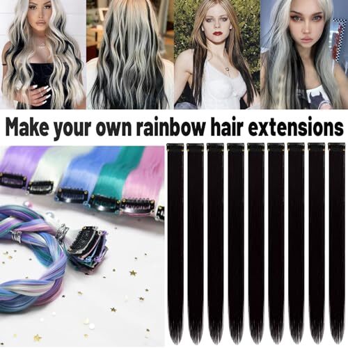 22 inch Colored Hair Extensions, Multi-colors Party Highlights Clip in Black