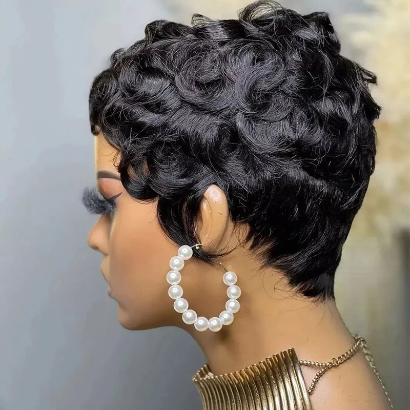 Short Black Wave Pixie Cut Wigs Glueless Wigs 100% Human Hair Wig None Lace