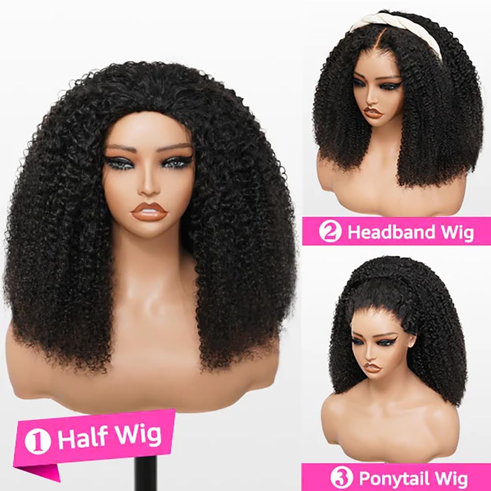 Bgm Girl Half Wig Human Hair Kinky Curly 3 In 1 Wigs Beginner Friendly Flip