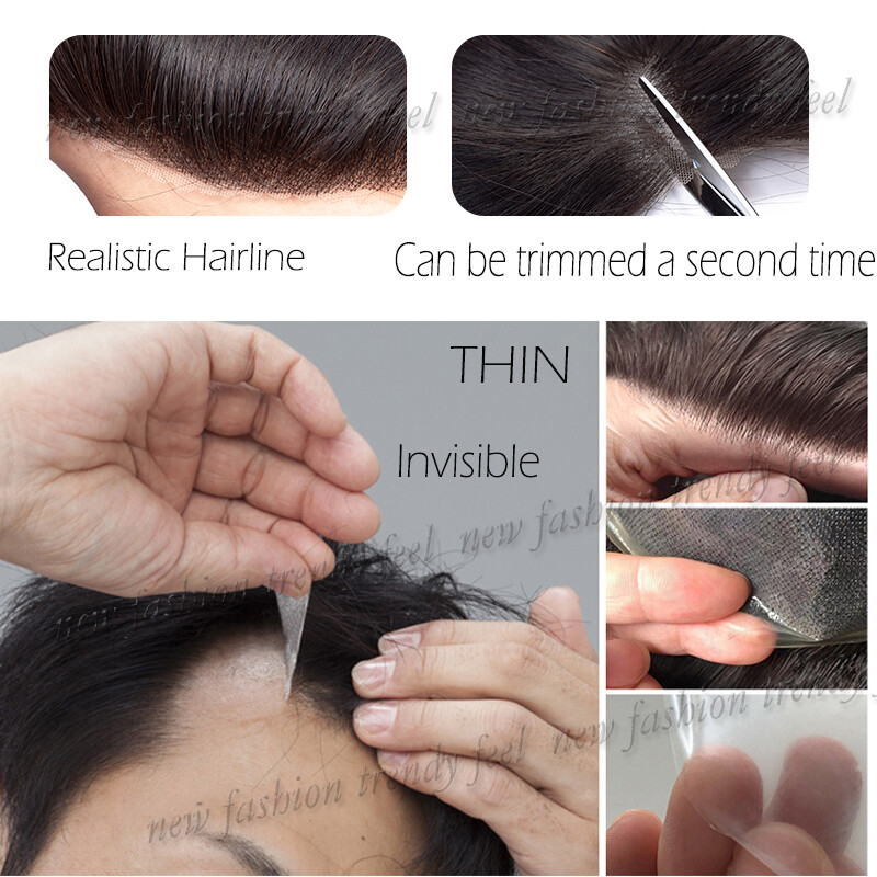 AAAA+ Fine Thin Skin PU Lace Mens Real REMY Virgin Hair Toupee For Men Topper US